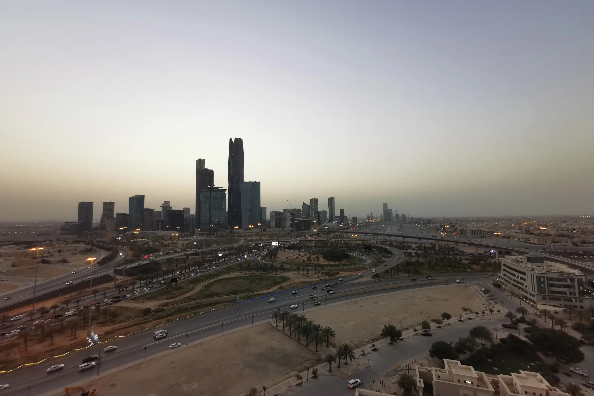 Aerial view of the King Abdullah Financial District skyline at dusk, Riyadh