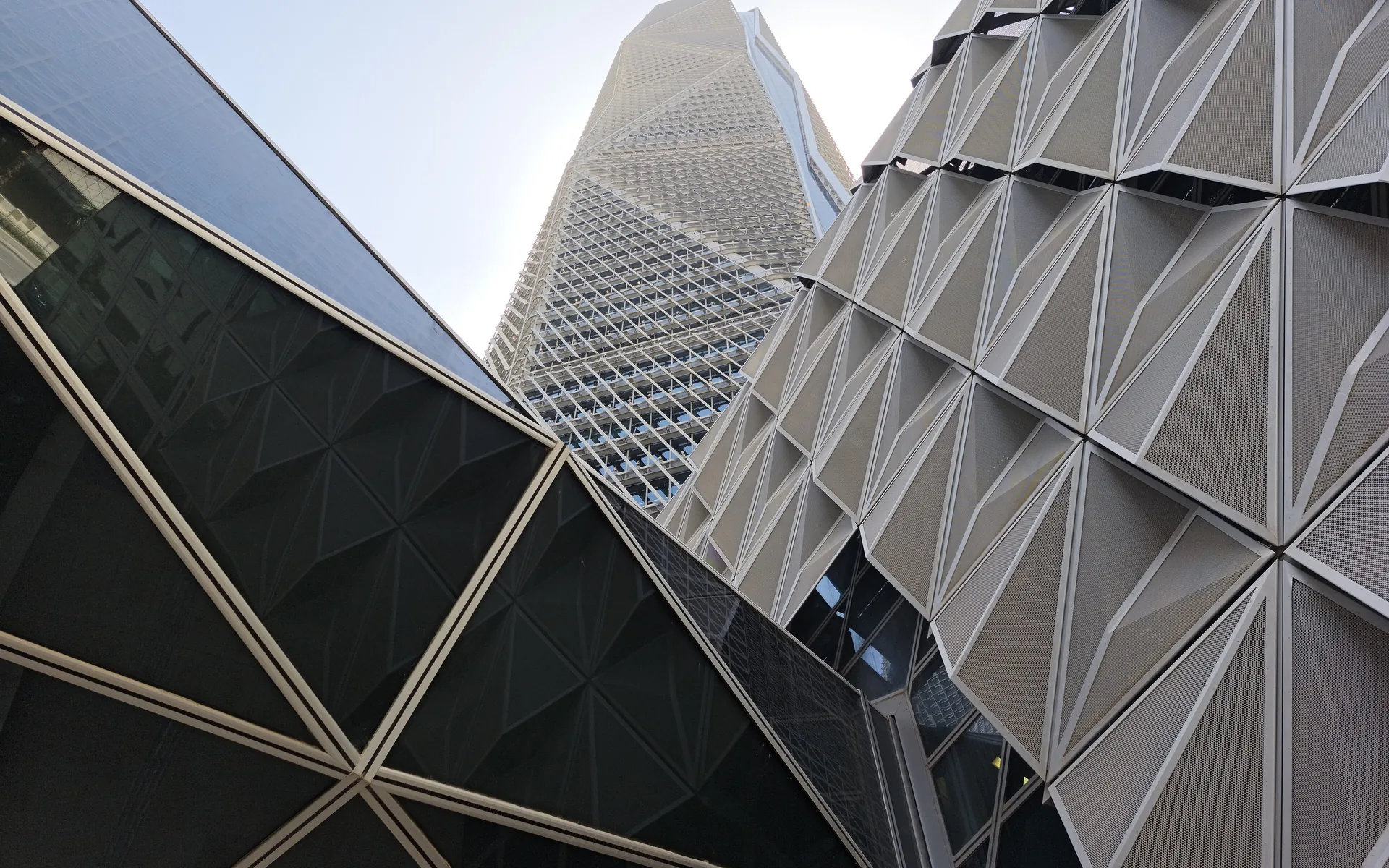 Geometric façade panels of a King Abdullah Financial District tower, Riyadh